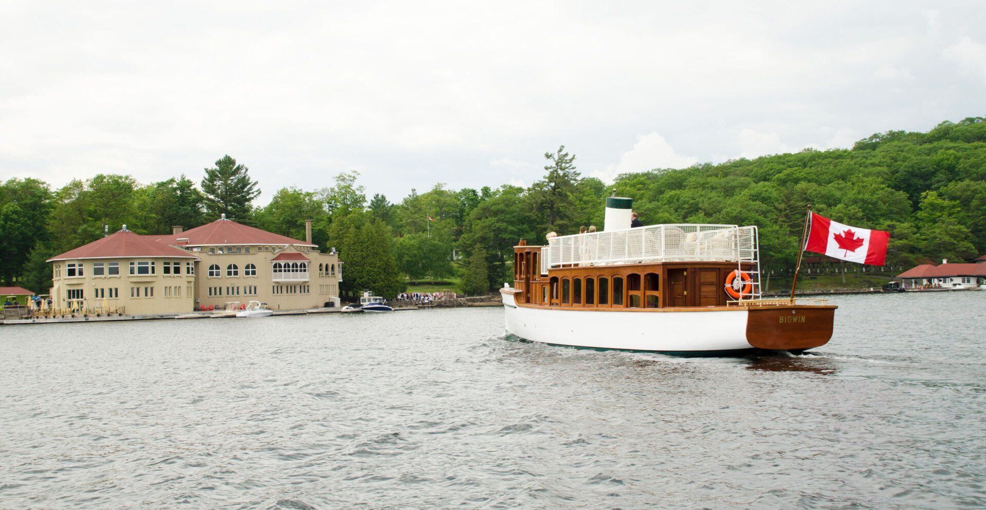Returning to Bigwin Island — the SS Bigwin approaches the historic Inn pavilion