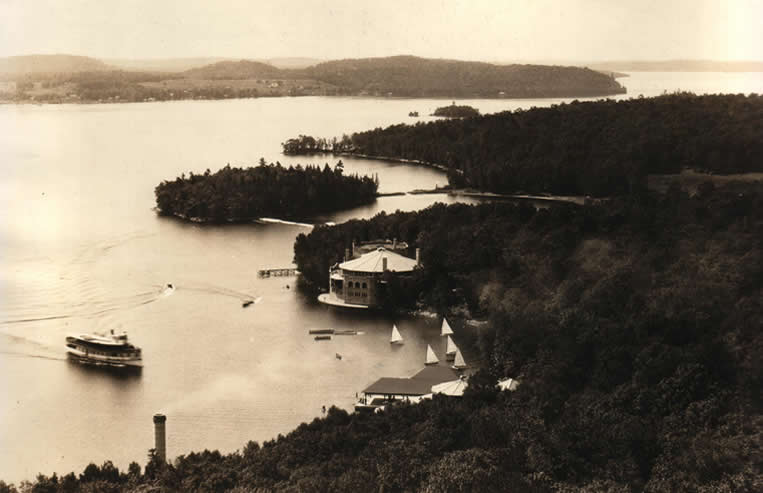 An aerial view of Bigwin Island — where the SS Bigwin sat partially submerged for two decades after the Inn closed.