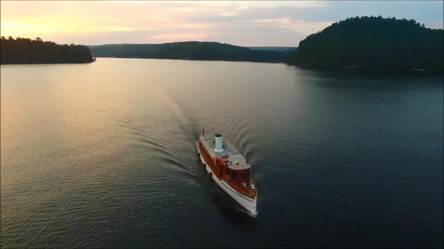 Evening on Lake of Bays — the SS Bigwin from above at sunset